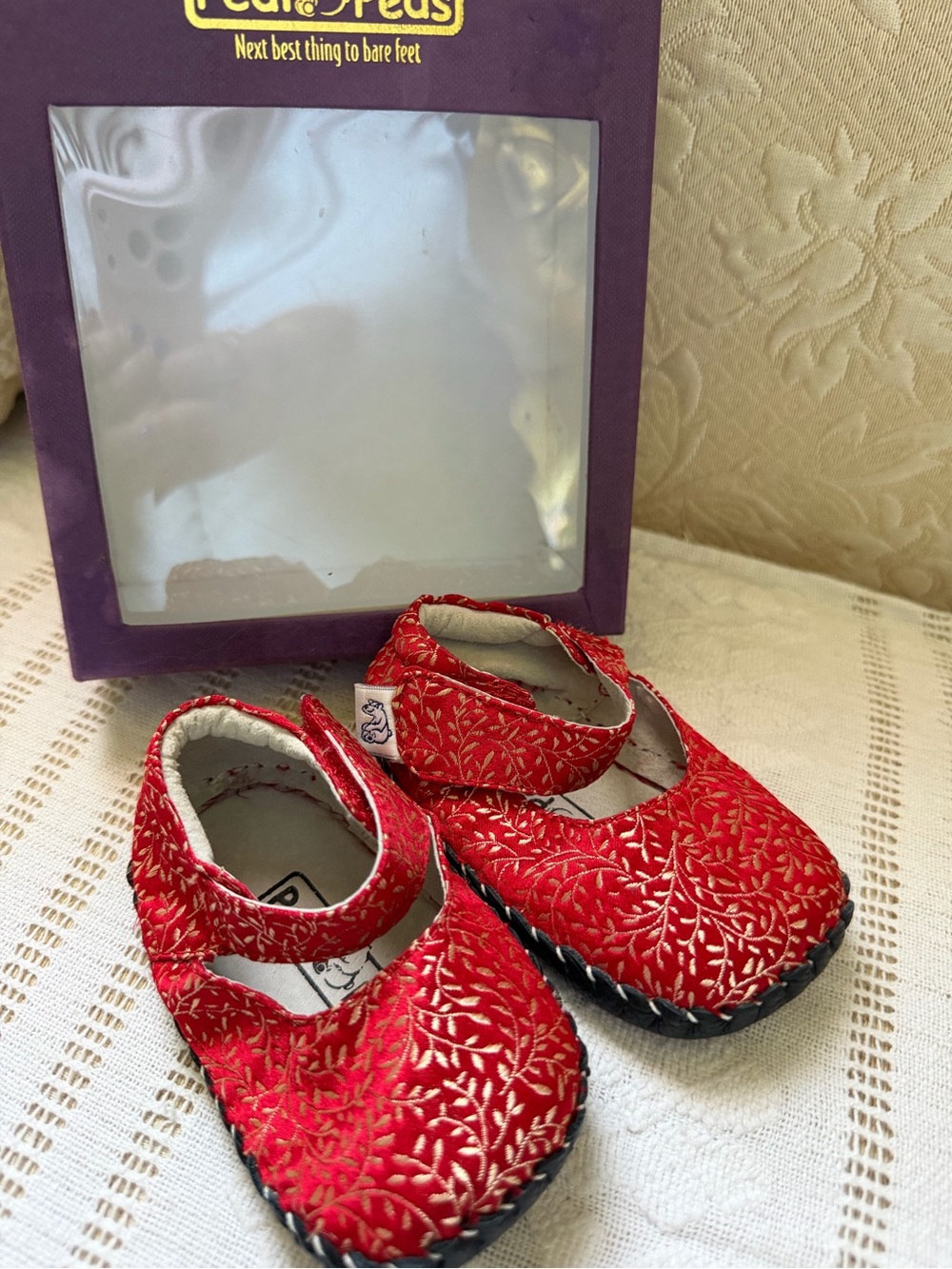 pediped Red Mary Jane Moccasins with Gold Embroidery
